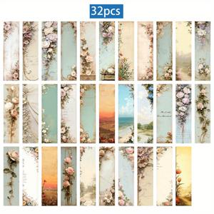 TEMU 32개 TLENPO 빈티지 플로랄 북마크 - 해변, 구름, 장미 & 필기체가 있는 컬러풀 레트로 오일 페인팅 디자인 - 학생, 교사, 책 애호가를 위한 내구성 있는 종이 페이지 마커 - 독서 선물 및 저널 장식에 이상적, 학습 필수품, 예술적인 일러스트레이션, 문학 액세서리, 교사 감사