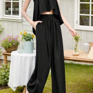 TEMU 여성용 세련된 그레이 탱크 탑과 와이드 레그 팬츠 세트 - 소매 없는, 우아한 허리 가운, 여름에 완벽한, 모든 계절에 다용도로 사용할 수 있는 옷, 캐주얼한 의상|우아한 허리 가운|소매 없는 탑