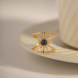 TEMU 1개 여성용 우아한 스테인리스 스틸 멀티 레이어 오픈 엔드 링 - 대형 블루 센터 스톤 & 에잇-스포크 선버스트 디자인, 골든 톤 밴드, 데일리 주얼리 선물, 연중 착용 가능, 편안하고 다재다능 (생일, 기념일, 데일리 웨어에 이상적) - 멀티 레이어 스테인리스 스틸 밴드가 돋보이는 블루 선버스트 링, 어떤 행사에도 스타일리시하고 세련된