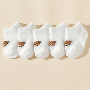 TEMU 5 쌍의 귀여운 만화 곰 유아 양말 - 부드러운 폴리에스터, 전년 전월 니트, 일상적인 착용에 적합, 손세탁만, 일상용 양말 | 재미있는 양말 디자인 | 니트 질감