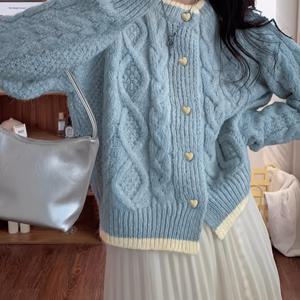 TEMU 1개 여성용 파스텔 핑크 & 민트 그린 가디건 스웨터 - 부드러운 긴소매 H라인 실루엣, 하트 버튼 앞면, 포근한 겨울 따뜻함|옷