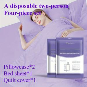 TEMU 일회용 4피스 침구 세트, 캠핑 여행용 일회용 시트 이불 커버 베개커버, 호텔 및 출장용 보라색 부직포 시트