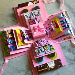 TEMU 5단 폭발 선물 상자 - 장식 리본 포함, 핑크/레드/블루/블랙 종이 박스, 생일· 제안 및 특별한 날을 위한 고급 포장, 견고한 구조, 레이어드 디자인, 축하 패키지, 내구성 있는 소재, 세련된 감동 포장