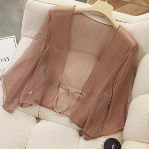 TEMU 지크 헤키 여성 시폰 기모노 가디건 - 가벼운 비치 커버업 숏 재킷 & 벨 슬리브, 반투명 루즈핏 여름 수영복 스트리트웨어, 앞면 묶음 (안쪽 볼륨 없음) - 캐주얼 아웃핏, 풀사이드, 보드워크용 시폰