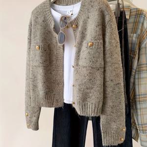TEMU 여성용 우아한 리조트 스타일 가디건 - 골든 버튼, 체크무늬 안감 & 포켓이 있는 부드러운 오픈 프론트 스웨터, 가을 겨울 따뜻함을 위한 중간 신축성|가디건