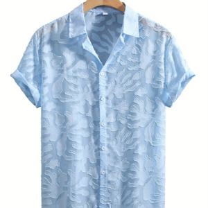 TEMU 남성용 가벼운 여름 반팔 셔츠 - 통기성이 좋은 직조 소재, 가슴 포켓이 있는 캐주얼 버튼업, 라이트 블루 단색, 캐주얼한 옷을 입는 데 이상적, 여름 캐주얼웨어 | 버튼업 셔츠 | 직조 소재 셔츠, 중국 사이즈, 사이즈 가이드를 신중하게 확인하세요