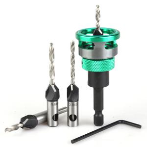 TEMU 5pcs 드릴 비트 세트, 교체 가능한 센터 드릴이 포함된 네면 HSS مخروط형 드릴 비트, 베어링 및 고무 링 제한 링, 터치 우드 스톱, 패널 표면 손상 없음, 1/4 인치 헥스 샤크, 스크루 설치 드릴링, 숨은 스크루에 적합