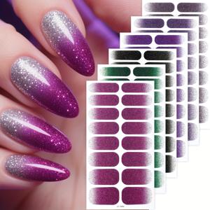 TEMU 6장 보라색 글리터 네일 폴리시 스티커 - Y2K 판타지 테마 프레스온 네일, 여성용 자체 접착 DIY 네일 아트 장식, 반짝이는 그라데이션 색상, 쉽게 적용 및 홈 매니큐어, 장식 네일, 쉽게 적용 스티커