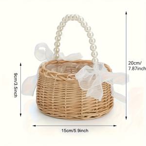 TEMU 펄 손잡이와 리본 장식이 있는 손으로 짠 꽃 바구니 | 결혼식, 약혼, 부활절, 파티 선물, 장식용 다용도, 모던 원형 고임성 바구니