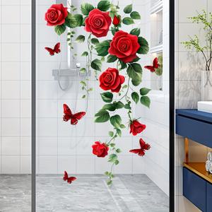 TEMU 1개 장미 덩굴 꽃무늬 유리 스티커, 자체 접착 PVC 데칼, 5밀 두께, 장미와 나비 디자인, 거실·침실·욕실 유리문 장식용