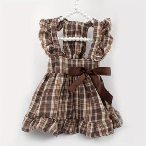 TEMU 1개 캐쇼로 페리스 레트로 브라운 & 화이트 체크 무늬 프릴 칼라 & 리본 - 가벼운 여름 봄 가을용 소형/중형 강아지 고양이 옷, 이스터 선물, 편안한 풀오버 드레스