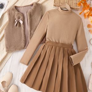 TEMU 3피스 '윈터 스타일 아우트핏 세트 - 가죽조끼, 스모크 드레스 & 레이어드 스웨터 포함 / 코지 A라인 스커트, 소프트 라운드넥 스웨터 & 기계세탁 가능 3피스 세트 (단색, 쉬운 관리) / 가을/겨울 캐주얼~세미포멀 웨어 / 시즌 패션, 스타일리시한 디자인, 편안한 원단, 따뜻한 퍼, 젊은 여성용