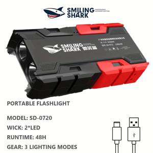 TEMU 1개 스마일 상어 SD0712A 충전식 손전등 초고휘도 2 * LED 휴대용 라이트 3가지 모드, 보조 배터리 기능 포함, 하이킹 캠핑 낚시 야외 응급 상황용