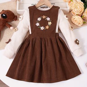 TEMU 여아용 새로운 귀여운 3D 꽃 라운드 넥 탑 자수 서스펜더 스커트 투피스 세트, 야외용|가을원피스