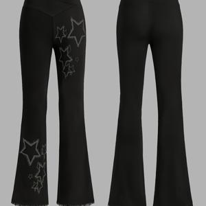 TEMU 1pc 여성용 캐주얼 벨 바닥스, 라인스톤 스타 액센트 - 하이 웨이스트 플레어 레그 팬츠, 블랙 여름 트라우저, 레이스 디테일링, 편안하고 스타일리시한 캐주얼 의상, 하이 웨이스트 레깅스