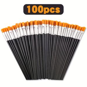 TEMU 100개 나일론 브러쉬 세트, 페인팅 & 공예용, 블랙 플랫 & 라운드 팁 브러시, 래터테일 핸들 혼합 소재, 아크릴·수채화·석고 인형 DIY에 적합, 전문가용 예술 도구|아크릴물감