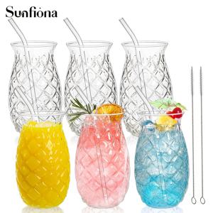 TEMU 선피오나 6개 세트 17온스 투명 파인애플 컵 (빨대 포함), 빈티지 엠보싱 디자인, 와인·주스·우유·마티니·위스키용 클래식 잔, 야외 풀파티 및 피크닉 선반