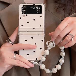 TEMU 시크하고 사랑스러운 블랙 도트 광택 접이식 폰 케이스, 레이저 비즈 체인 포함, 갤럭시 Z 플립 모델 7, 6, 5, 4용 디자인, 간단하면서도 창의적인 보호 백 커버 제공