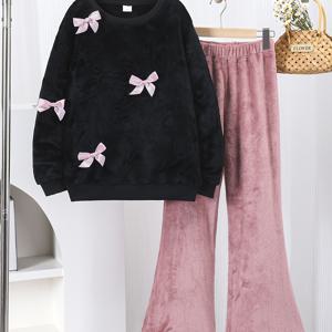 TEMU 2개 세트 여아용 가을 겨울 플리스 안감 라운드넥 풀오버 & 플레어 팬츠 세트 - 아웃도어 놀이를 위한 포근한 캐주얼 의상, 긴소매, 레귤러 핏, 리본 장식