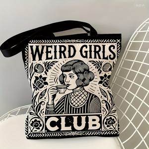 TEMU 1개/2개 Weird Girls Club 토트백 - 빈티지 1950년대 레트로 여성 클럽 디자인, 플로럴 & 기하학적 패턴, 튼튼한 폴리에스터 슈퍼마켓 쇼핑백 (최고, 선물, 캐주얼 외출, 선물 가방용), 재미있는 디자인, 튼튼한 손잡이