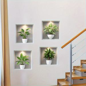 TEMU 4개입 2D 그린 플랜트 벽 스티커: 모던 화분 디자인, 거실, 서재, 계단용 접착식 데코 비닐