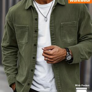 TEMU 남성 레트로 코듀로이 셔츠 | 캐주얼 루즈핏 긴팔 셔츠, 라펠, 멀티 포켓 디자인, 부드러운 끈적임 없는 피부 친화적, 올 시즌 단색 재킷