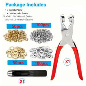 TEMU 302피스 그로멧 도구 키트 12mm (내부 구멍 크기) 아이렛 세트, 150개 아이렛 그로멧 + 150개 와셔 + 1개 홀 펀치 및 그로멧 플라이어 포함 - 가죽/벨트/신발/공예용
