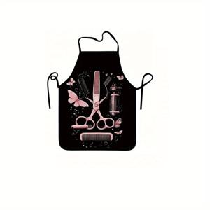 TEMU 1개 이발사 앞치마 - 가위, 빗, 헤어드라이어가 있는 전문 살롱 디자인 - 검은 배경 - 내구성 있는 폴리에스터 앞치마, 남녀공용 홈 키친용 - 쉬운 세척 작업 공간 앞치마, 이발사 액세서리, 스타일리시한 주방용품, 고품질 원단, 미용 전문가용