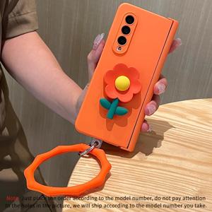TEMU 오렌지 쉘 힌지 포함 + 3D 오렌지 꽃 패치 + 후크 카드 + 오렌지 핸드헬드 링 폰 케이스 Z Fold 7, Z Fold 6, Z Fold 5, Z Fold 4, Z Fold 3용