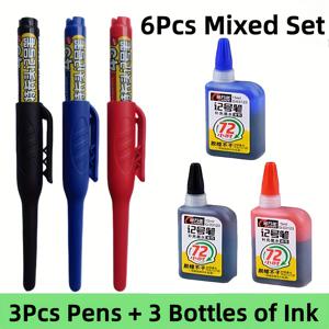 TEMU 롱 45mm 팁 블랙 블루 레드 롱 헤드 마킹 펜 세트 (리필 포함), 깊은 구멍 목공 타일 마커 펜, 건축 공학용 빠른 건조 - 정밀 도면 도구, 오일 기반 잉크, 내구성 리필