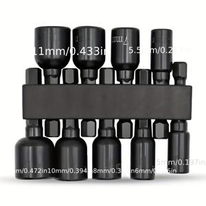 TEMU 10개 신형 샤크 자석 너트 드라이버 세트, 1/4인치 헥스 쉐이크, 메탈 블랙 척 어댑터 포함, 조립 불필요, 무전원 모드, 사이즈 5mm-12mm