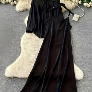 TEMU 2025 신상 롱슬리브 턴칼라 셔츠 + 루즈핏 스파게티 멜빵 드레스, 캐주얼 아웃핏,데일리 패션,우아한 스타일,신축성 없는 원단,맞춤형 디자인,모던 드레서,여성 패션