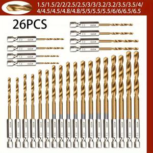 TEMU 26피스 티타늄 코팅 드릴 비트 세트 1/16인치 - 1/4인치, 육각 샹크, 퀵 체인지, 135° 팁, 목재·소프트 메탈·플라스틱용, DIY 애호가 선물, 목공 도구, 홈 인테리어, 정밀 드릴링, 원통형, 내구성 강화, 고속강, 다목적 비트, 홈 리모델러
