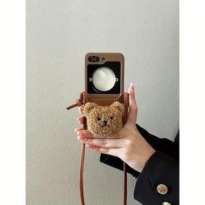 TEMU 새로운 귀여운 곰 크로스바디 카드 홀더, 한국 스타일과 일본 스타일의 디자인으로 삼성 Z Flip 5/7/6 폰 케이스에 적합하며 접이식 디자인과 낙하 방지 보호 기능을 갖추어 있습니다