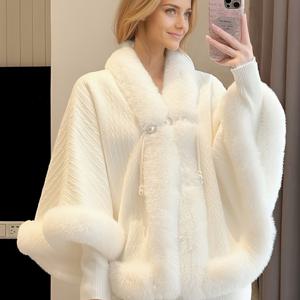 TEMU 여성용 우아한 빈티지 스타일 인조 퍼 쇼울 - 시크한 민소매 플러시 케이프, 진주 장식, 고신축성 원단, 단색, 가을/겨울 패션에 완벽, 겨울 패션 액세서리|빈티지 디자인|진주 장식