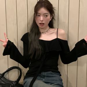 TEMU 2025 신상 봄 가을 솔리드 컬러 원숄더 디자인, 오프숄더 연잎 탑 - 여성용 달콤한 한국 스타일, 봄, 여름, 가을에 적합