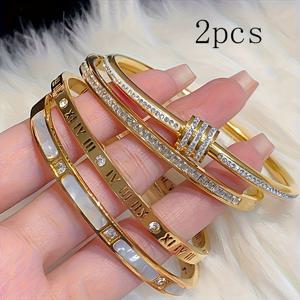 TEMU 2개 세트 스테인리스 스틸 팔찌 - 로마 숫자가 있는 우아한 골드톤 뱅글, 여성 및 남성용 내구성 있는 일상 & 파티 주얼리, 생일, 기념일, 마르디 그라 선물로 완벽한 연중 착용