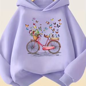 TEMU 여성용 연보라색 플리스 안감 후드티 - 기발한 나비 & 자전거 프린트, 폴리에스터 기계 세탁 가능 풀오버, 캐주얼 & 착용용, 포근한 가을 겨울 스웨트셔츠, 재미있는 디자인, 내구성 있는 원단