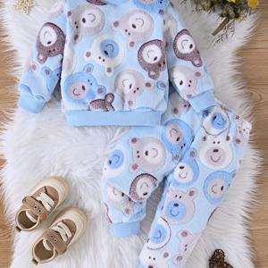 TEMU 베이비 보이즈 겨울 의상 - 귀여운 곰 프린트가 있는 부드러운 플러시 긴팔 셔츠 & 팬츠 세트, 따뜻한 논스트레치 원단, 리브 커프스 & 라운드 넥, 유아용 가을/겨울 옷, 아기 남아 의류, 편안한 아동복, 야외 활동용