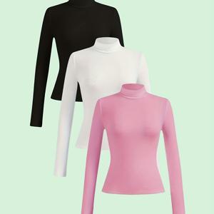 TEMU 3피스 슬림핏 하이넥 긴팔 티셔츠 - 스탠드 칼라 베이스 레이어, 솔리드 컬러 캐주얼 레이어링 셔츠, 블라우스용, 세탁기 사용 가능 - 착용 (3피스)|셔츠