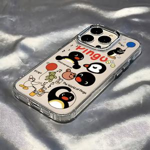 TEMU 아이폰 모델 17, 16E, 16, 15, 14, 13, 12, 11 프로 맥스, 에어, X, XR, XSMAX, 8, 그리고 7 플러스와 호환되는 귀여운 만화 펭귄 폰 케이스, 투명한 소프트 백과 메탈릭 실버 렌즈 프레임이 특징입니다