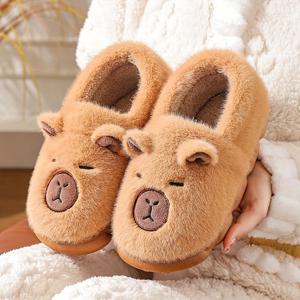 TEMU 1쌍 플러시 베어 슬리퍼 - 귀여운 카피바라/베어 얼굴 겨울 부티, 플러시 같은 소재, 부드럽고 따뜻한 미끄럼 방지 PVC 밑창 - 아늑한 실내/야외용 (브라운)