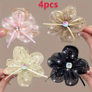 TEMU 4개 세트 새로운 메쉬 플라워 헤어 클로 클립, 여성 패션 반짝이 라인스톤 보우 미디엄 헤어 클립, 샤크 클립, 웨딩 파티 헤어 액세서리, 데일리 및 웨딩 파티 착용에 적합