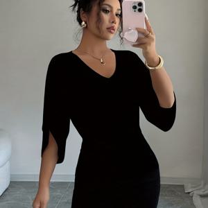 TEMU 여성용 우아한 V넥 박쥐 소매 튜닉 탑 - 7/8 길이 박쥐 블라우스, V넥라인, 화이트 & 블랙 색상 옵션, 세탁기 사용 가능, 봄 여름 가을용 다용도 루즈핏 롱 셔츠 (캐주얼 & 포멀 웨어)|셔츠|여름블라우스