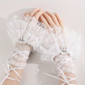 TEMU 1쌍 우아한 고딕 펑크 레이스 핸드 슬리브 글러브 - 탈착 가능한 러플 플로럴 플레어 소매, 여성용 탄력 있는 더블 레이어 주름 디자인, 밤 외출 및 공식 행사에 완벽, 장식적인 손목장식, 정교한 레이스워크, 여성용 암 슬리브, 커프 온 슬리브, 이브닝 드레스용