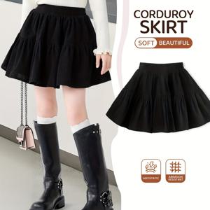 TEMU 소녀용 스커트, 1개, 가을/겨울 스타일, 패셔너블 아동복, 블랙, 비침 방지, 클래식 빈티지 드레스, 중대형 소녀 선물, 코듀로이 드레스, 안전 안감 포함|가을원피스