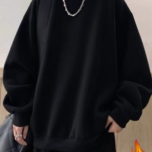 TEMU 남성용 오버사이즈 블랙 플리스 안감 크루 넥 스웨트셔츠, 일본어 문자 프린트 - 캐주얼 루즈핏 풀오버, 긴 소매, 레귤러 길이, 가을 & 겨울에 완벽, 일상적인 편안함 의류 | 편안한 핏 스웨트셔츠 | 플리스 안감