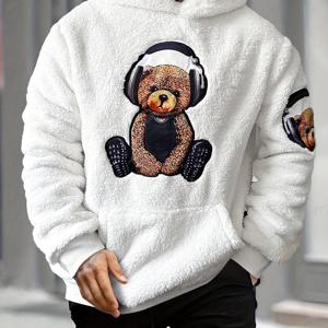 TEMU 남성용 아늑한 플리스 안감 후드티, 귀여운 곰 & 헤드폰 그래픽 - 가을/겨울용 캐주얼 긴팔 풀오버, 흰색 후드가 있는 블랙, 야외 활동 및 캐주얼 의상에 완벽, 겨울 후드티, 두꺼운