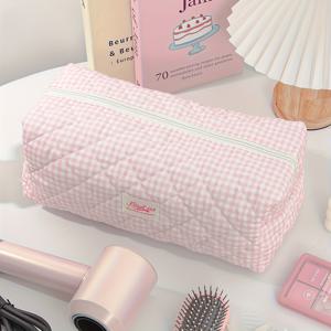 TEMU 여성용 대용량 헤어 드라이어 & 메이크업 정리 가방 - 파스텔 핑크 & 체크 무늬 화장품 케이스 (지퍼 잠금), 방진 여행용 디자인, 휴대용 헤어 드라이어, 컬링 아이롱, 브러쉬 보관 - 여성들을 위한 완벽한 어버이날 선물