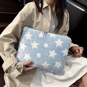 TEMU 1개 귀여운 별 패턴 플러시 랩탑 가방 (10/11인치 아이패드용), 13/14인치 맥북 및 .6인치 노트북 케이스 - 폴리에스터 안감, 경량 지퍼 디자인, 사무실, 대학, 일상 출퇴근에 완벽한 랩탑 백, 재미있는 디자인, 부드러운 질감, 랩탑 슬리브, 랩탑 커버|노트북파우치|노트북가방